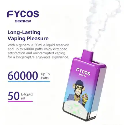 Dentro da caixa do FYCOS 60K puffs: dispositivo descartável, manual do usuário, cordão.