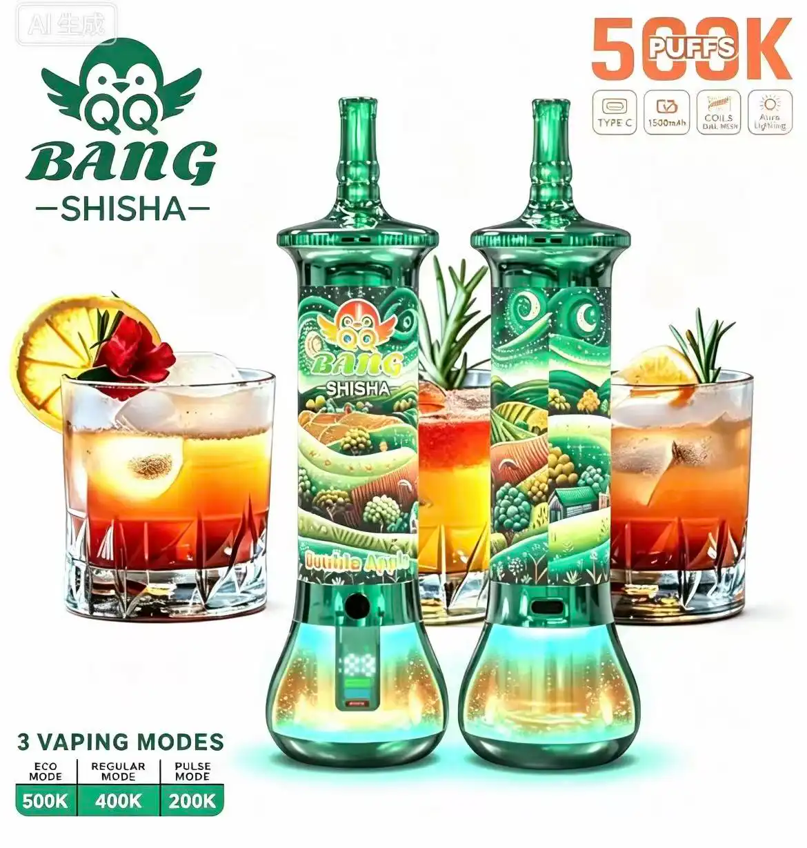 QQ Bang 500k Shisha puffs 500000 puffs dispositivo narghilè usa e getta con illuminazione Aura