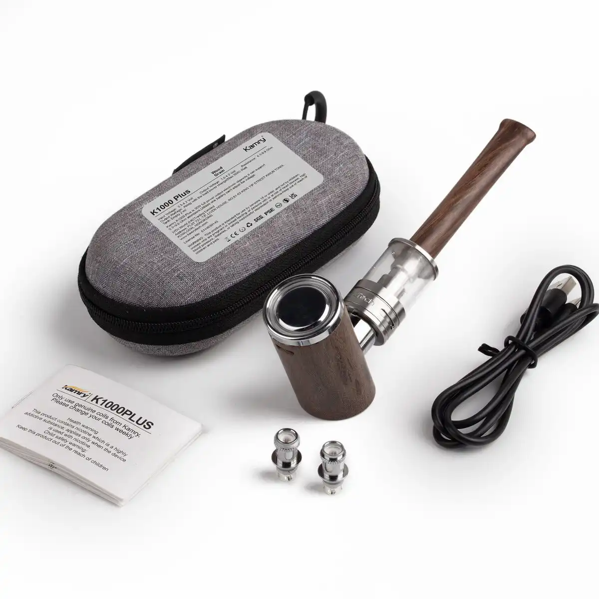 Kamry K1000 Plus E-Pipe Starter Kit - 1100mAh, 30-35W, Adjustable Airflow, 0.5Ω Mesh Coil (Wood Grain / Black Wood) 
