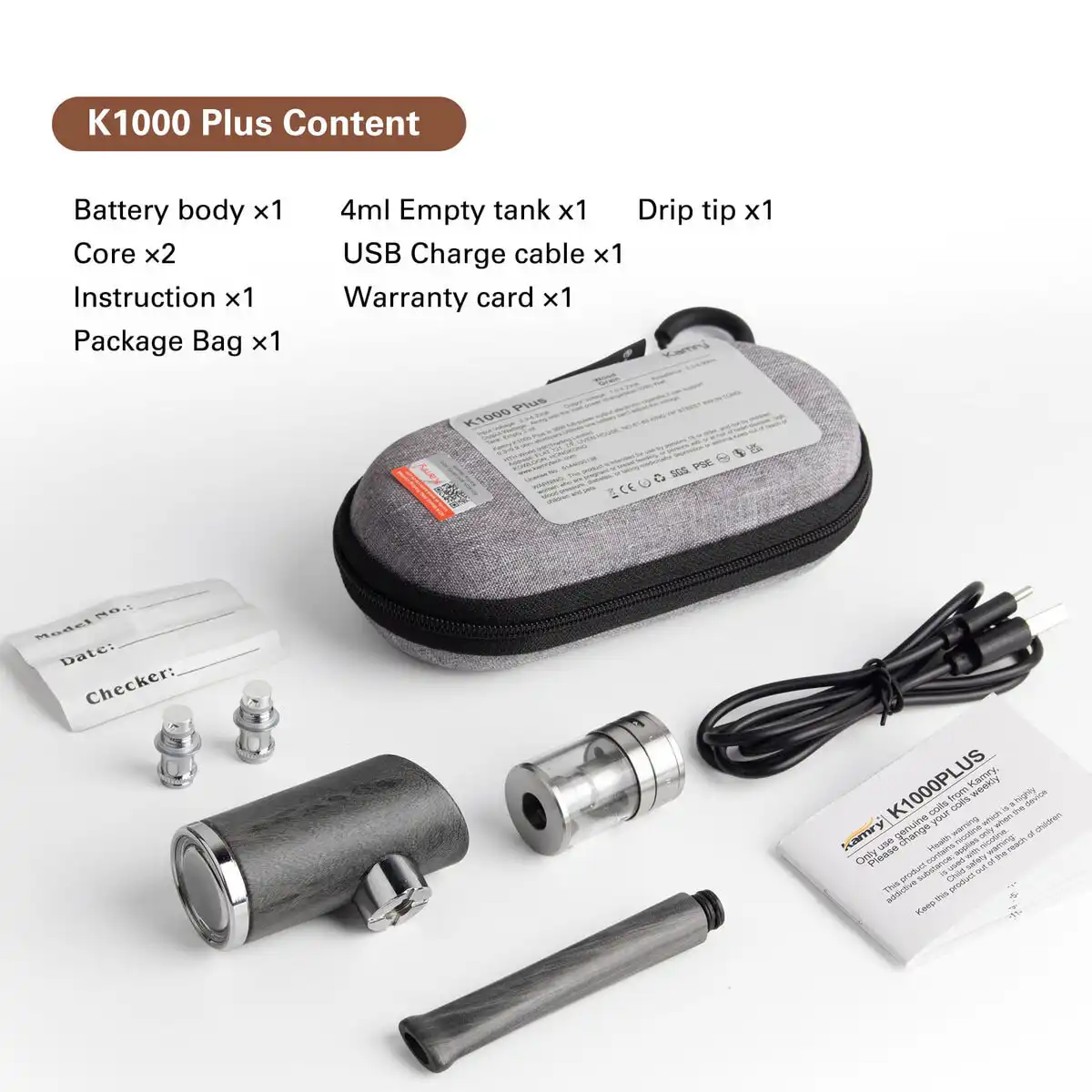 Kamry K1000 Plus E-Pipe Starter Kit - 1100mAh, 30-35W, Adjustable Airflow, 0.5Ω Mesh Coil (Wood Grain / Black Wood)