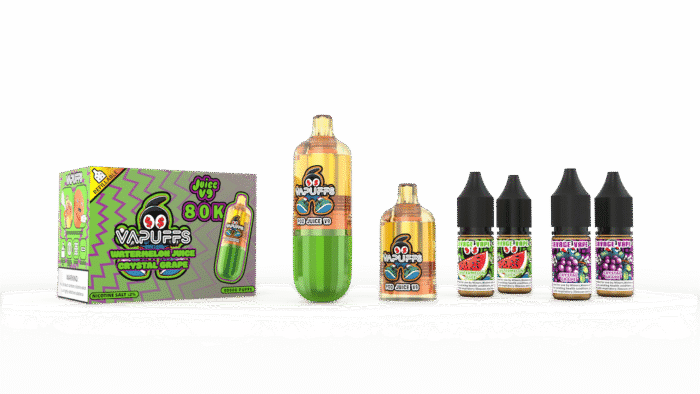Watermelon juice vape flavor bottle on a white background, multiple vape e-liquid bottles, colorful vape products.