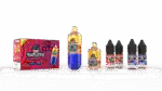 Vape juice bottles with colorful labels and packaging for e-liquid flavors.