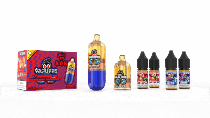 Vape juice bottles with colorful labels and packaging for e-liquid flavors.