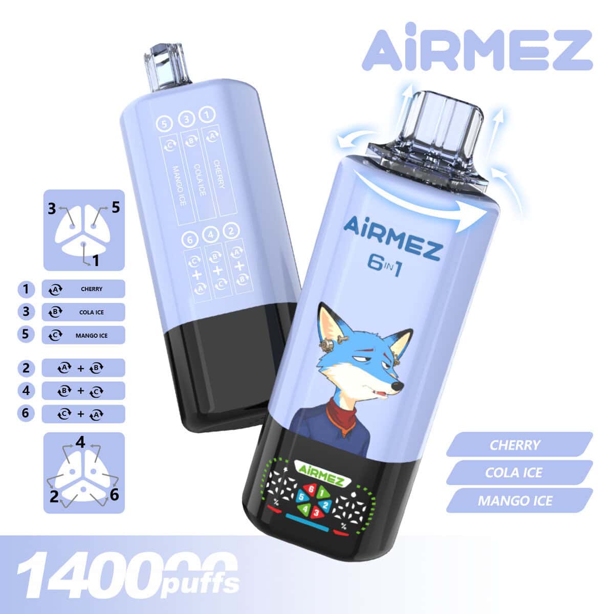 Airmez Fox 140k 140000 Puffs Vape 6 Flavors Mesh Coil Rechargeable Eu Warehouse | 10pcs Display Box