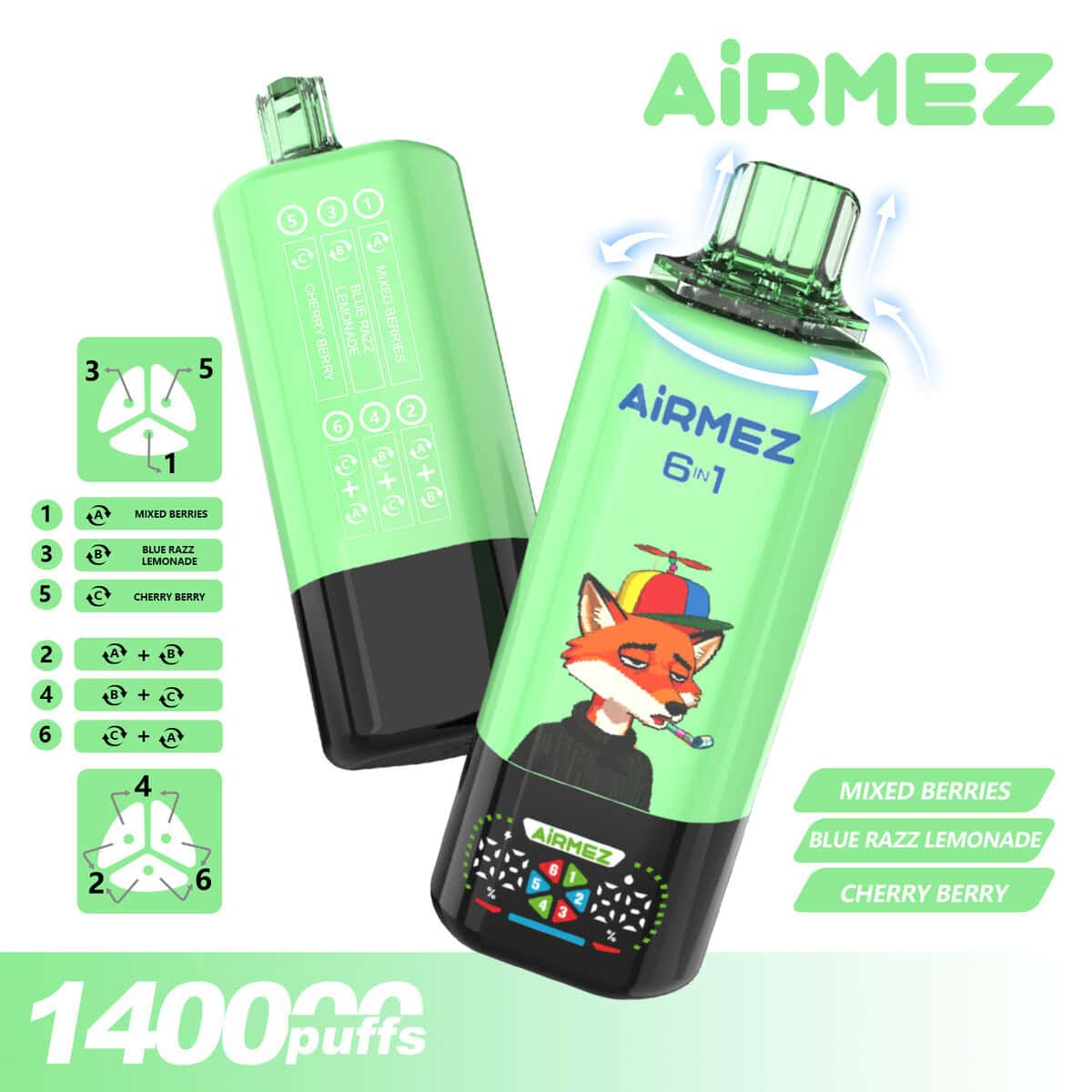 Airmez 140k 140000 Puffs Disposable Vape 6 Flavors Mesh Coil Type-C Charging 650mAh Rechargeable | 10pcs Display Box