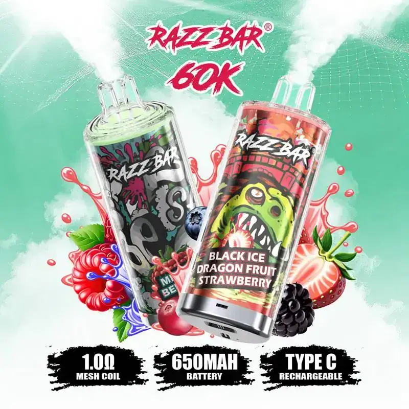 RAZZ BAR 60000 60k Puffs Disposable Vape - 16 Flavors, Dual Mesh Coils, 650mAh USB-C Rechargeable