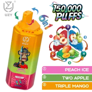 imgi 143 Long Lasting UZY 150K Big Puff 6 in 1 Adjust Vape Pen Multi Flavor Crystal Vape with Peach Ice Two Apple Triple Mango in EU Vape Shop 768x768 1