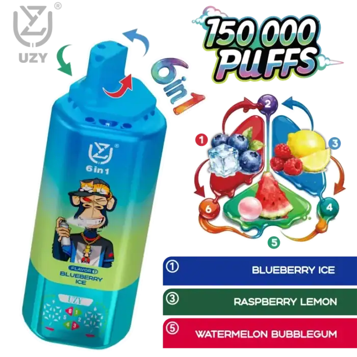 imgi 149 Long Lasting UZY 150K Big Puff 6 in 1 Adjust Vape Pen Multi Flavor Crystal Vape with Blueberry Ice Raspberry Lemon Watermelon Bubblegum in EU Vape Shop 768x768 1
