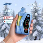 Hand holding Messi Visible Tank 50K vape with visible tank clearly showing remaining e-liquid level