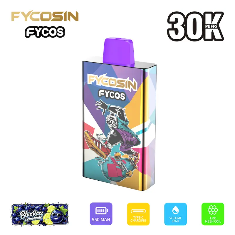 FYCOS 30K puff vape device front view showing sleek design and mouthpiece