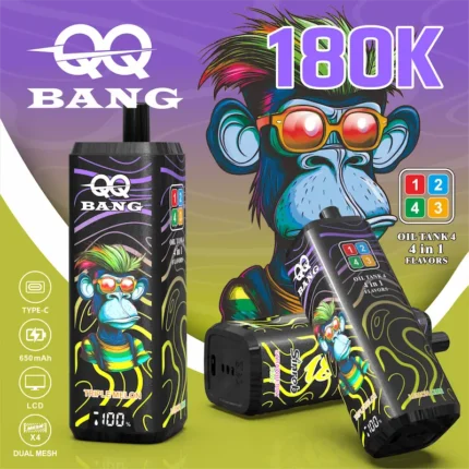 QQ BANG disposable vape LCD display showing battery percentage and e-liquid level