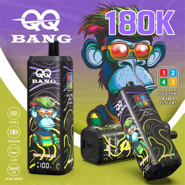 QQ BANG disposable vape LCD display showing battery percentage and e-liquid level