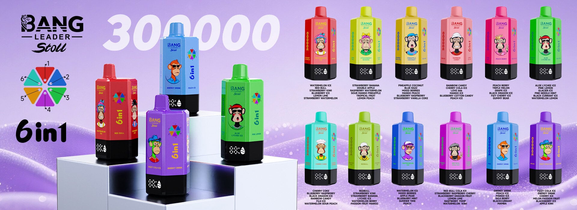 bang leader 300k Bang Leader 300K Puffs 6 in 1 Vape | 65ml E-Liquid, 0%/2%/5% Nicotine, 12 Flavors, 650mAh Type-C Rechargeable | Wholesale Available Stoll 300000 puff