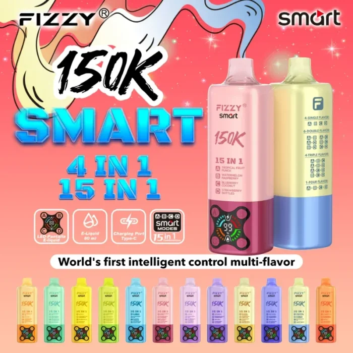 Fizzy Smart 150K Puffs Disposable Vape 15-in-1 Flavors & 80mL Prefilled Pod Kit (Mesh Coil)