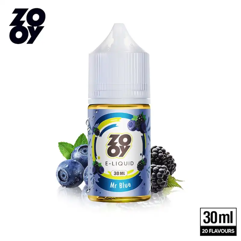 Close up of ZOOY 50/50 PG VG ratio label on 30ml refillable bottle