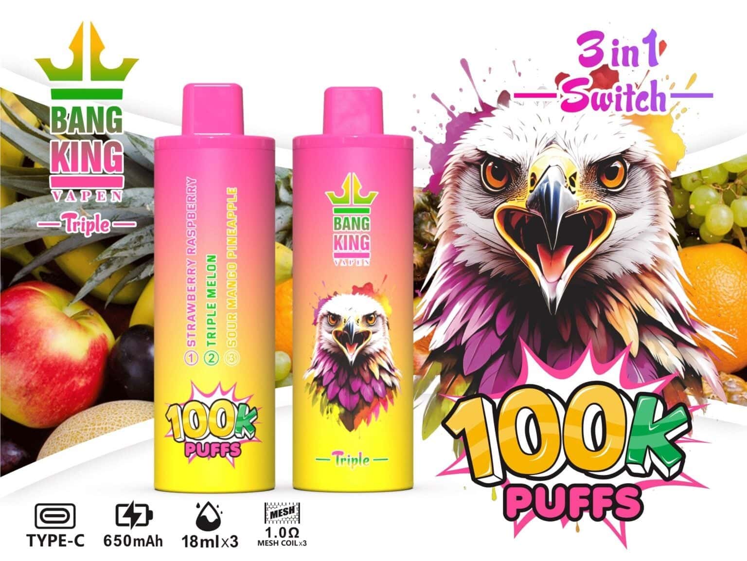 Bang King Triple 100000 100k Puffs Disposable Vape - 54ml Total (18ml×3) E-Liquid Triple Flavor Mode bangking vape