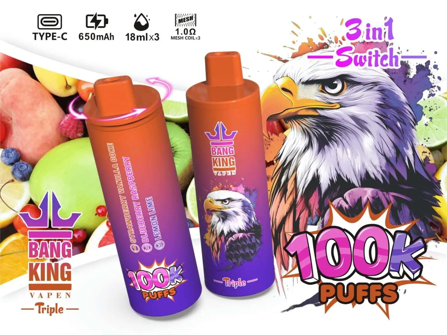 Bang King Triple 100000 100k Puffs Disposable Vape - 54ml Total (18ml×3) E-Liquid Triple Flavor Mode bangking vape