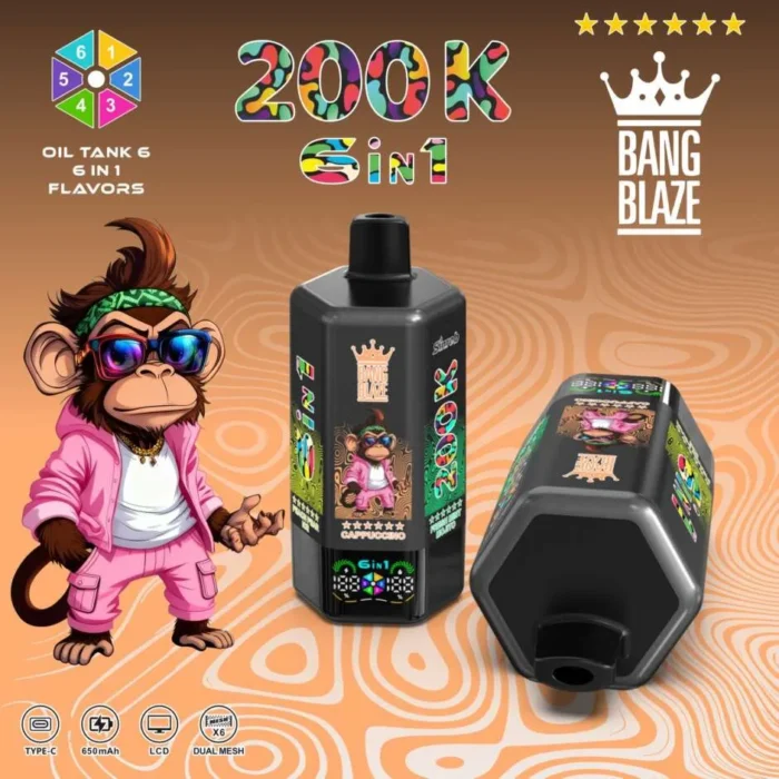 Bang Blaze 200K rotating mechanism switching between six different flavors 6in1 disposable vape