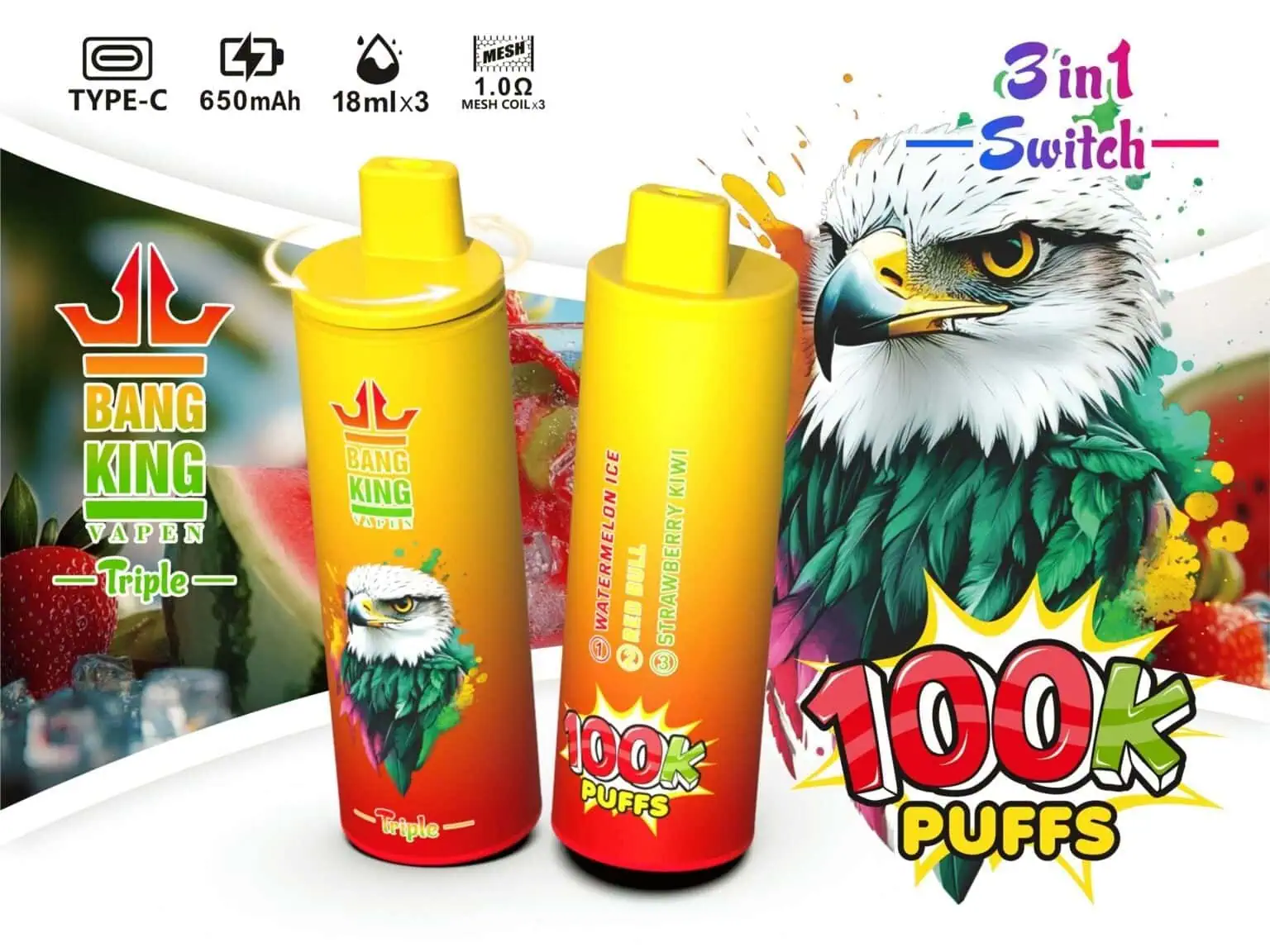 Bang King Triple 100000 100k Puffs Disposable Vape - 54ml Total (18ml×3) E-Liquid Triple Flavor Mode bangking vape
