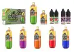 Vape juice bottles and box with colorful e-liquid flavors for vaping, popular vaping accessories.