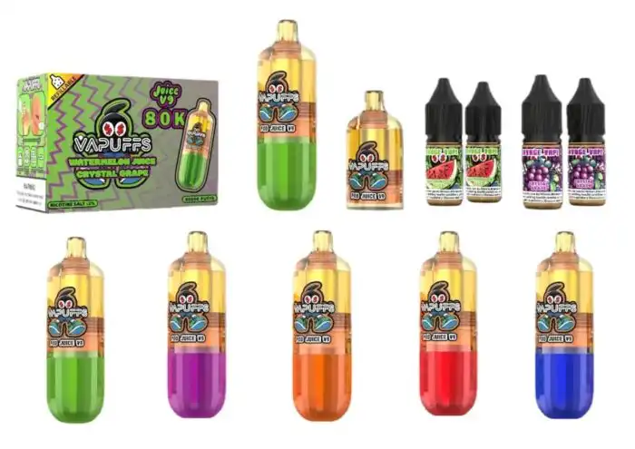 Vape juice bottles and box with colorful e-liquid flavors for vaping, popular vaping accessories.