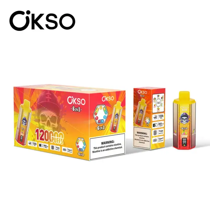 OKSO 120K Puffs 120000 6-in-1 Disposable Vape- Triple Mesh Coil, 20mL × 3, 0-5% Nicotine, LED Display