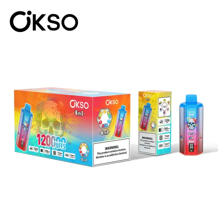 OKSO 120K Puffs 120000 6-in-1 Disposable Vape- Triple Mesh Coil, 20mL × 3, 0-5% Nicotine, LED Display OKSO 120K Puffs 120000 6-in-1 Disposable Vape- Triple Mesh Coil, 20mL × 3, 0-5% Nicotine, LED Display