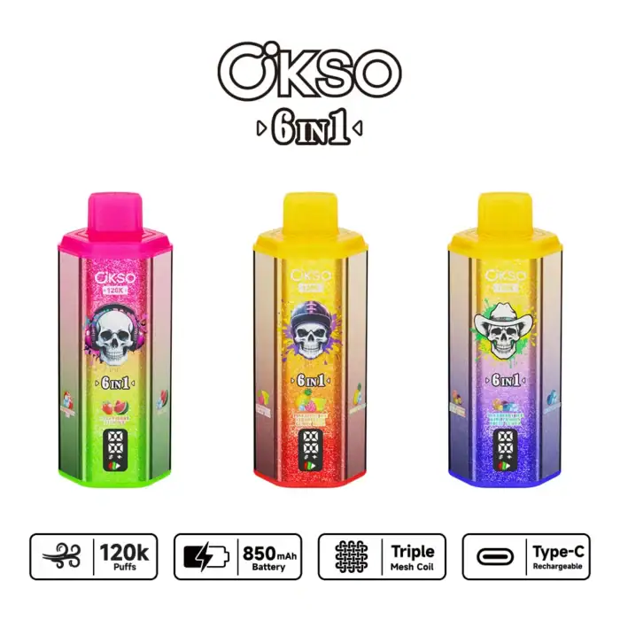 OKSO 120K Puffs 120000 6-in-1 Disposable Vape- Triple Mesh Coil, 20mL × 3, 0-5% Nicotine, LED Display