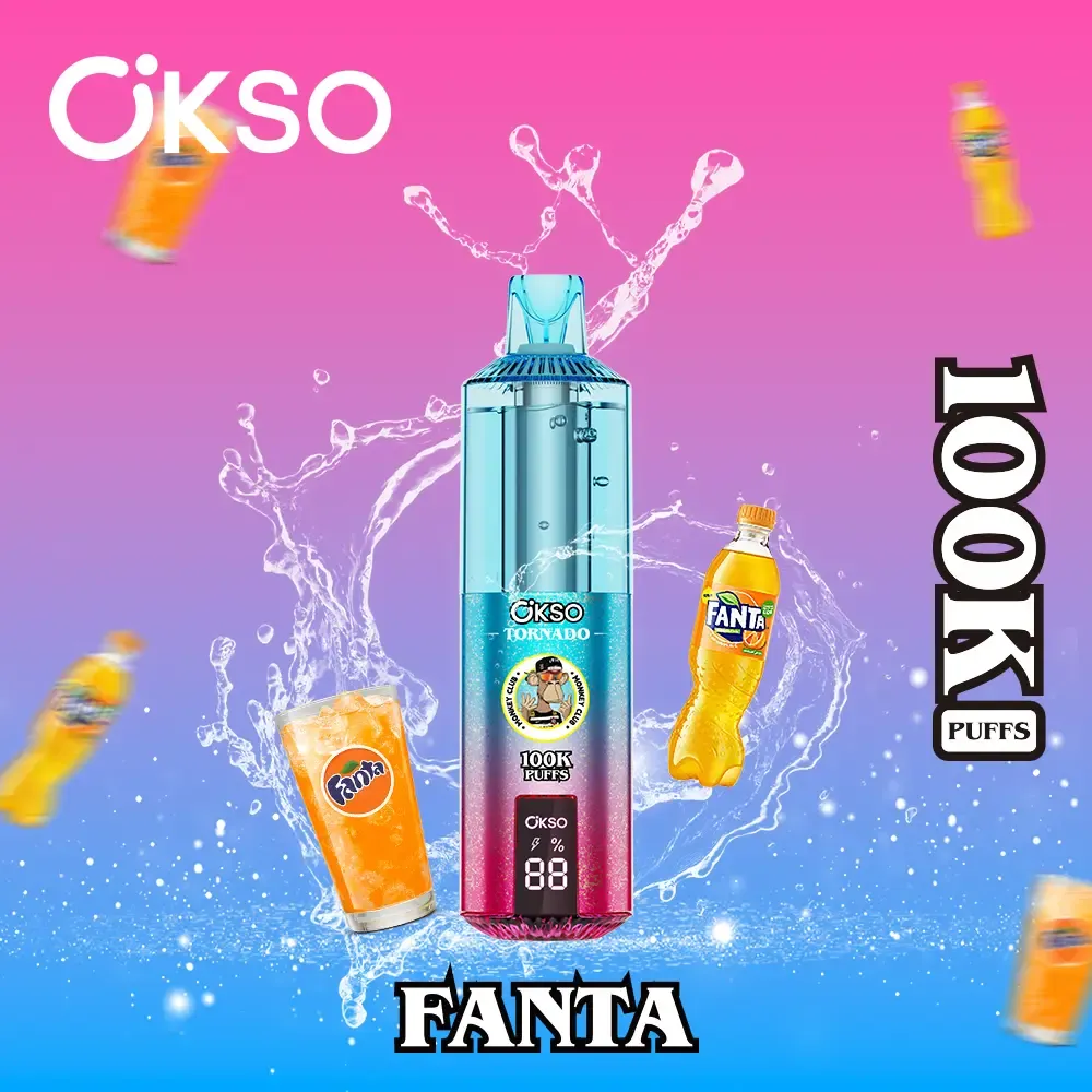 okso tornado 100k OKSO Tornado 100000 puffs vape held in adult hand for size reference
