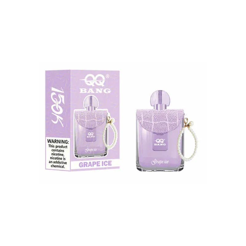 QQ Bang 150K perfume shaped disposable vape looking like a real perfume bottle on vanity table