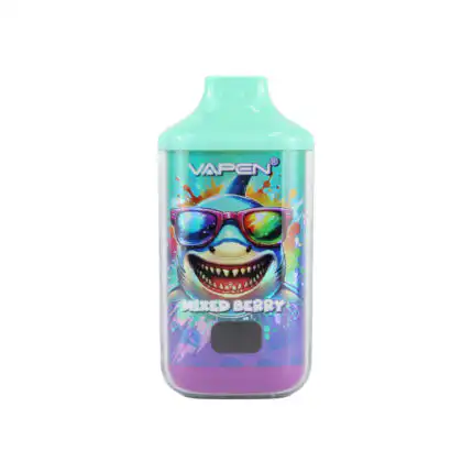 Disposable vape with colorful shark design and sunglasses.