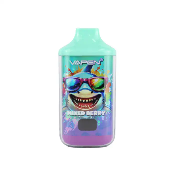 Disposable vape with colorful shark design and sunglasses.