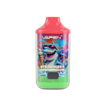 Disposable vape with colorful shark design.
