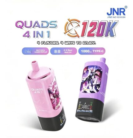 JNR Quads 4 in 1 120K puffs disposable vape packaging box showing 4 flavors