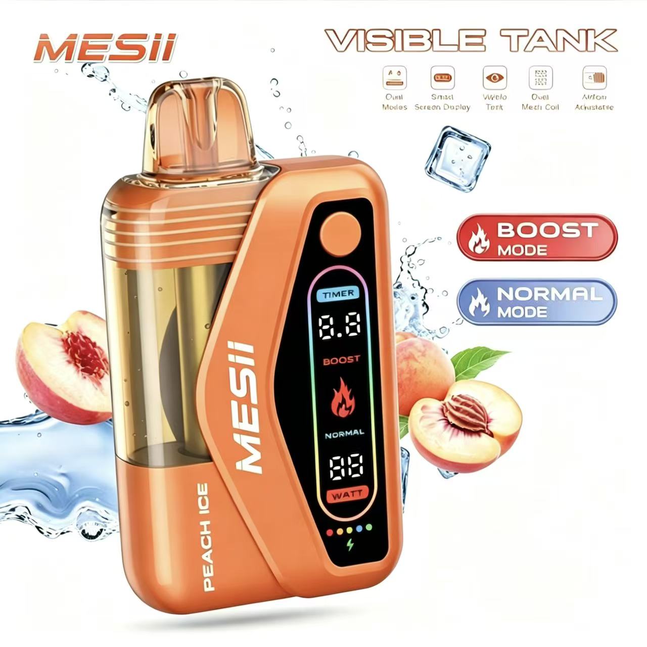 Bulk wholesale carton of Messi Visible Tank 50K puffs adjustable airflow vapes for distribution